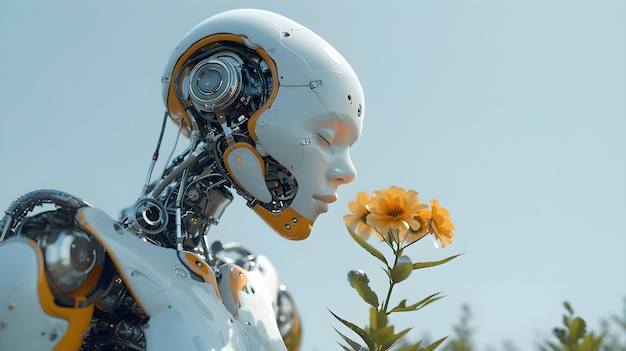 Photo un robot qui renifle une fleur