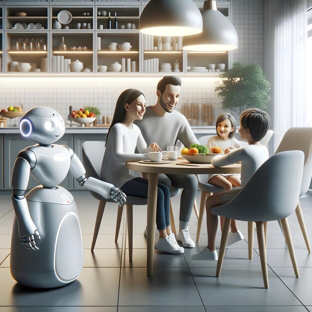 Un robot qui sert une famille à la table