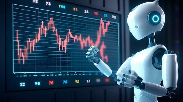 Un robot regarde un graphique sur un tableau noir.