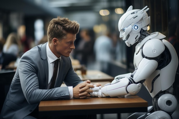 Photo un robot rencontrant un humain au bureau