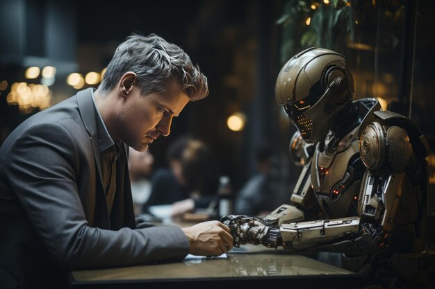 Un robot rencontre un humain au bureau.