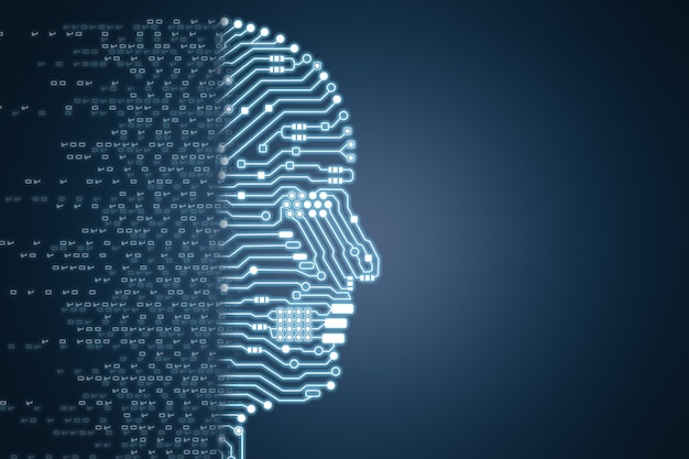 Robot de rendu 3d avec cerveau de circuit ai et code binaire