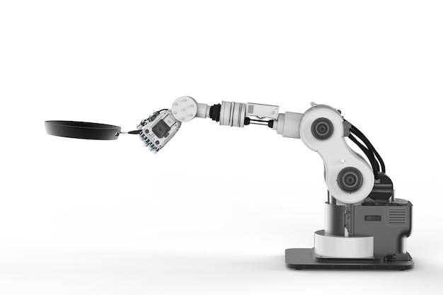 Robot de rendu 3D hand holding poêle à frire sur fond blanc