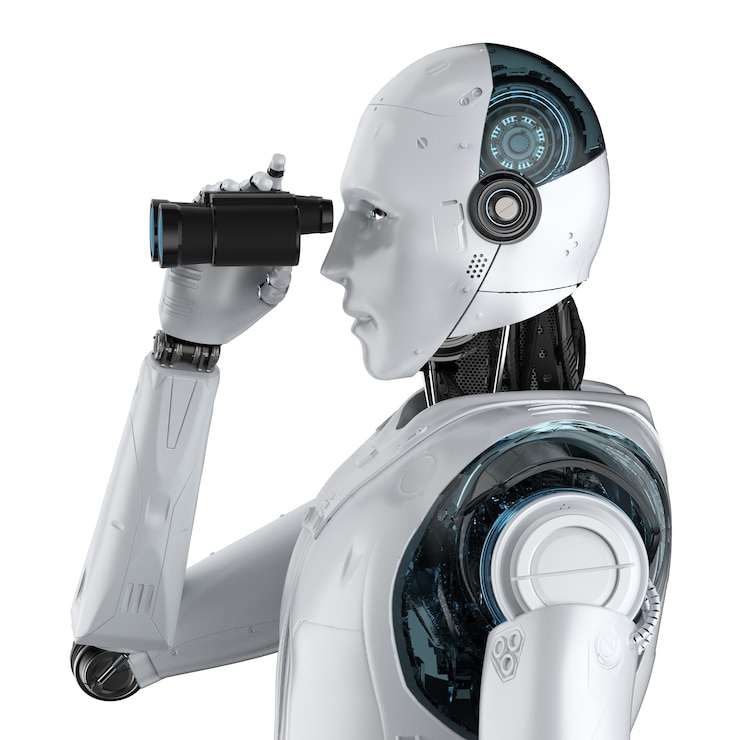 Photo robot de rendu 3d avec des jumelles sur fond blanc