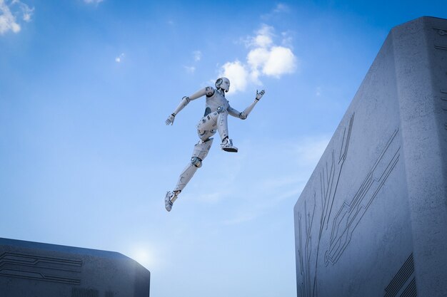 Le robot de rendu 3D saute entre les bâtiments