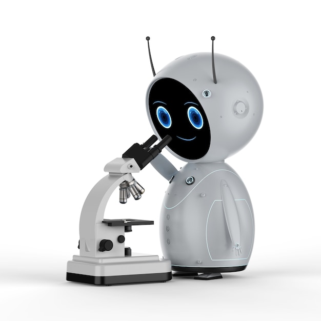 Robot de rendu 3D travaillant au microscope sur fond blanc