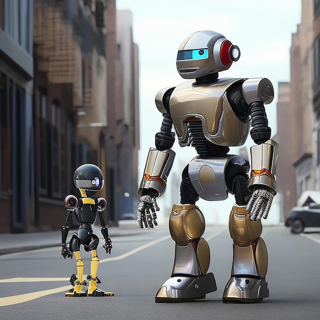 Un robot et un robot se tiennent dans la rue