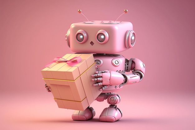 Un robot rose avec une boîte à la main tient une boîte.