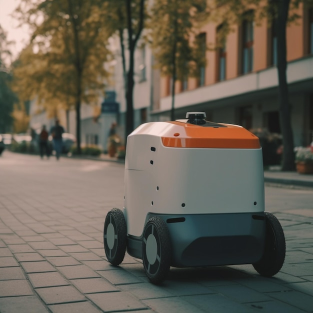 Robot sur roues livrant des commandes en ligne aux clients conduisant dans la rue Technologie moderne et