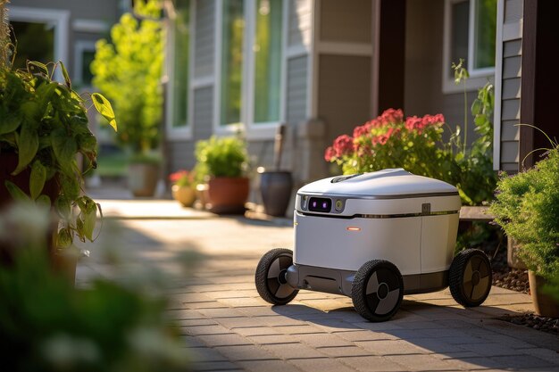 Un robot sur roues livre un colis dans une rue de la ville