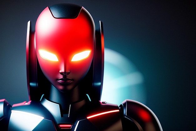 Un robot rouge avec des yeux brillants et un masque noir