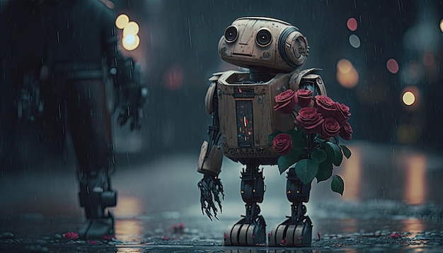 Robot sans-abri solitaire tenant une rose fanée de son amant sous une nuit pluvieuse Generative AI