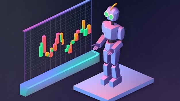 Un robot se tient à côté d'un graphique qui indique "devises" dessus