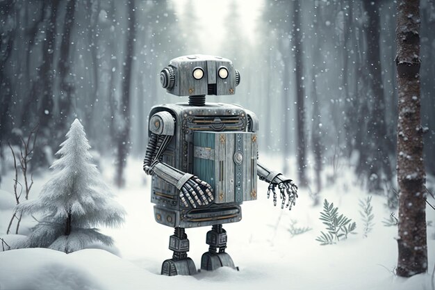 Le robot se tient du côté d'une forêt neigeuse avec la boîte-cadeau à disposition