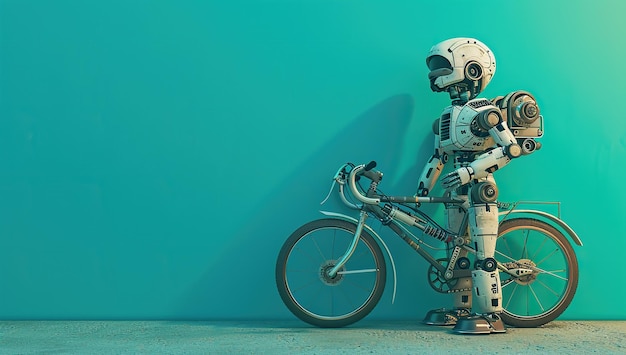 Un robot se tient avec un vélo contre un mur bleu Le concept de loisirs actifs et de mobilité dans la robotique