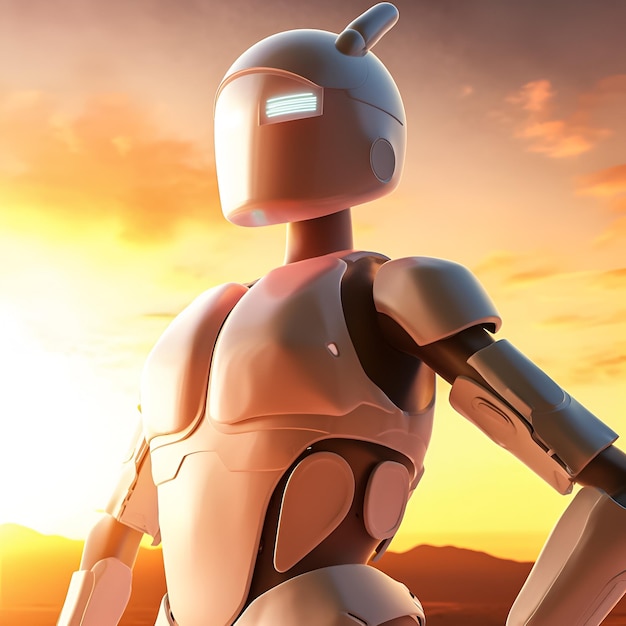 Photo un robot avec le soleil se couchant derrière lui