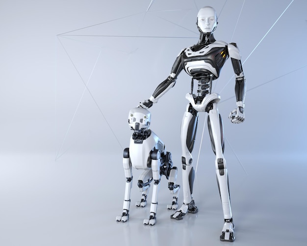 Robot et son chien posant sur un fond gris clair