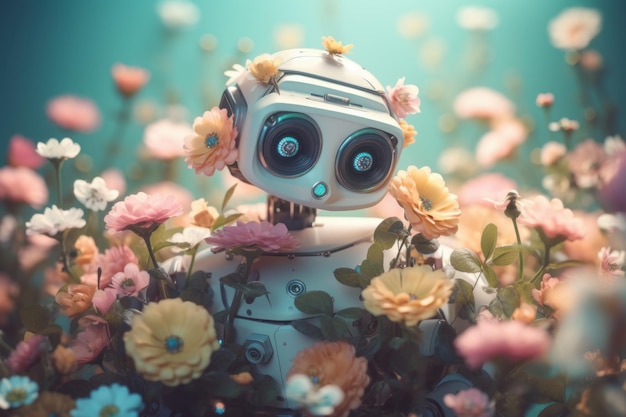 Robot souriant avec des fleurs Générer Ai