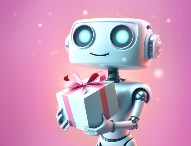 Robot tenant une boîte cadeau blanche sur fond rose générative