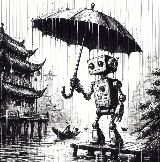 Photo un robot tenant un parapluie dans le dessin à l'encre de pluie