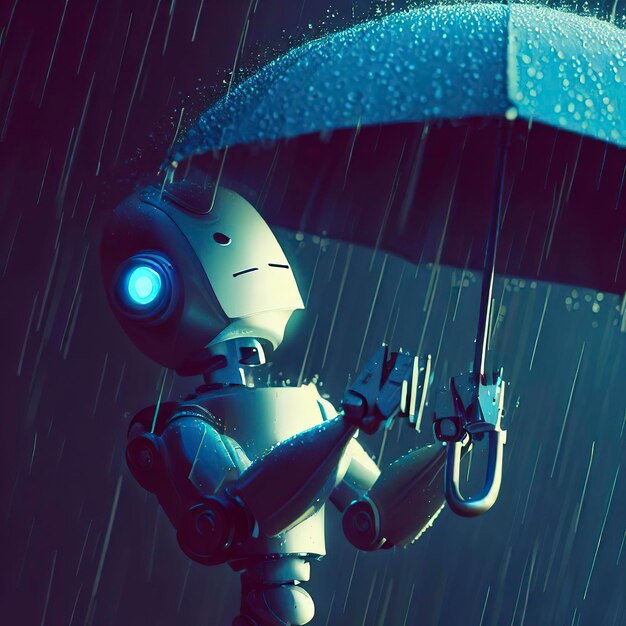 Robot tenant un parapluie sous la pluie