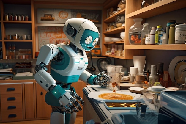 Un robot à tête bleue et une assiette de nourriture sur la table.