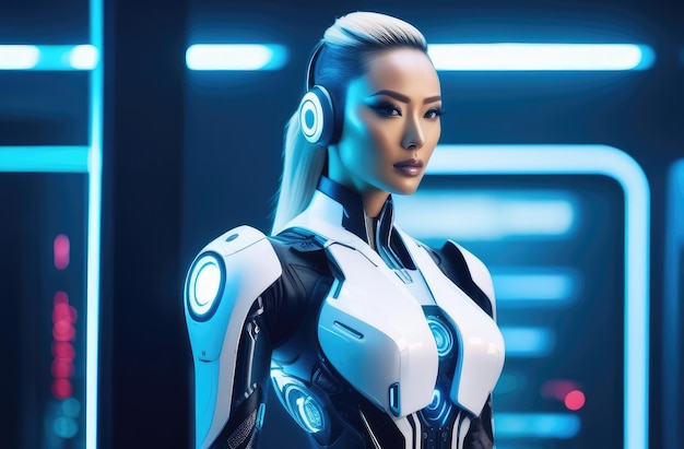 robot avec la tête d'une jeune fille asiatique et un corps féminin métallique concept cyberpunk futuriste