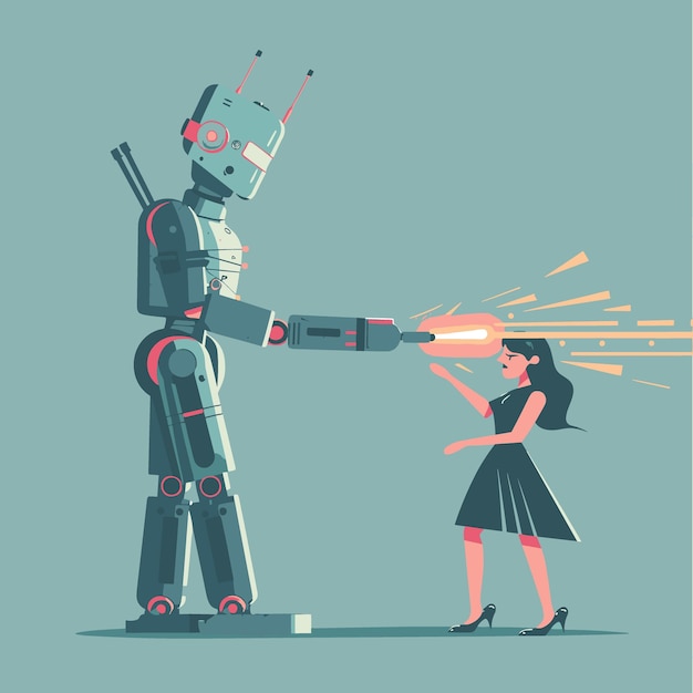 Un robot tient une arme allumée et est sur le point d'attaquer une femme.