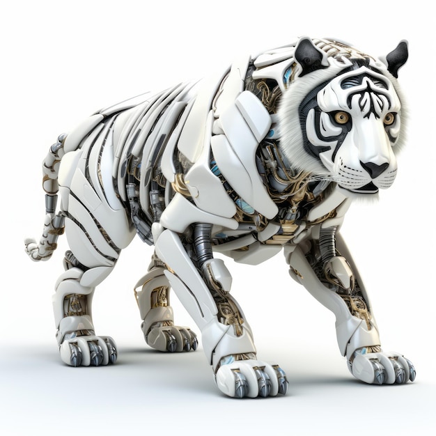 Robot tigre blanc animal robotique isolé sur fond blanc AI généré