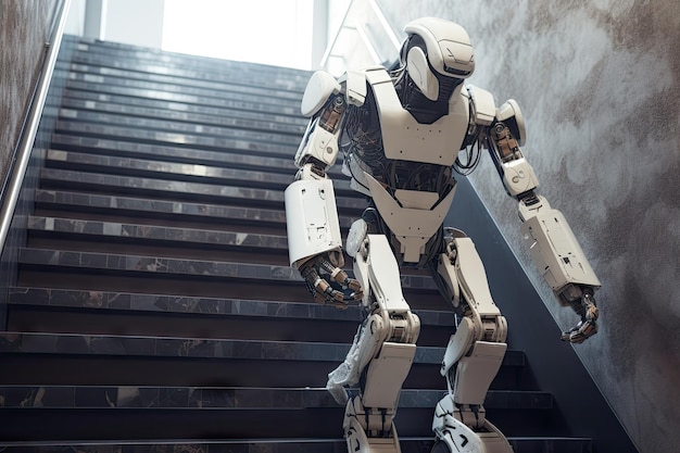 Robot transportant une charge lourde dans un escalier raide créé avec une IA générative