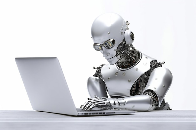 Robot travaillant sur une affiche d'ordinateur portable avec espace de copie AI générative blanche