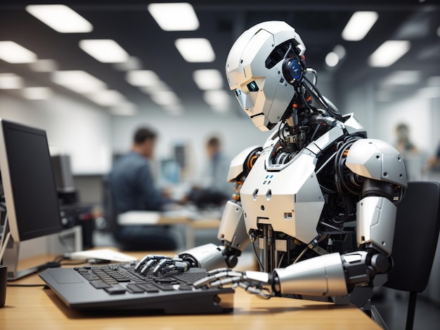 Robot travaillant à l'ordinateur parmi les gens Machine tapant sur le clavier au bureau