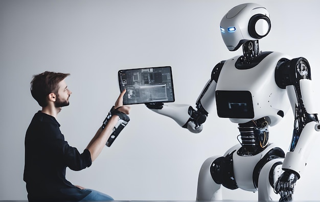 Robot travaillant sur un ordinateur parmi des personnes Équipe informatique du futur travailleur futuriste Travail humanoïde au centre d'appels Technologies d'emploi de support Cette photo a été générée à l'aide de Playground AI