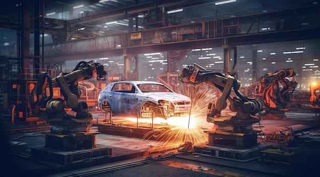Un robot travaille sur une voiture dans une usine.