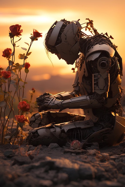 un robot triste assis sur le sol touchant des fleurs rouges