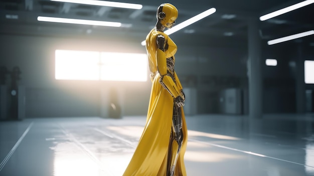 Un robot vêtu d'une robe jaune se tient dans une pièce sombre.