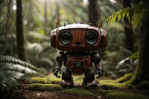 Photo robot vintage dans la forêt concept fantastique et fantastique focus sélectif