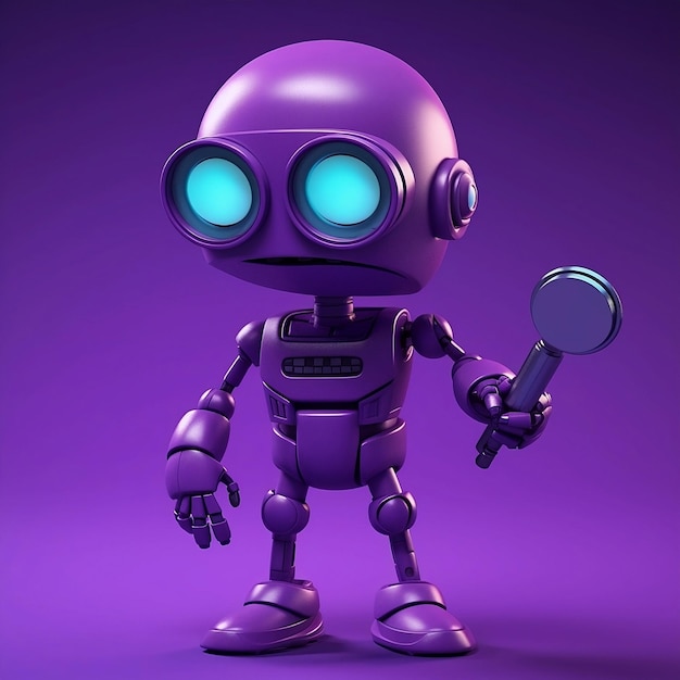 Un robot violet avec une loupe.