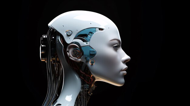 Robot à visage féminin Interface Neuro Android Lien vers le monde de l'intelligence artificielle Concept visuel d'IA générative