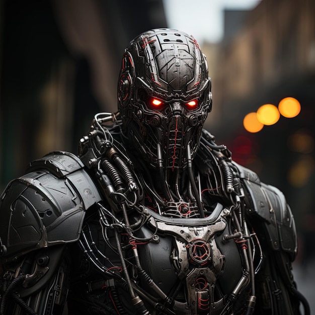 un robot avec des yeux rouges et un masque noir avec le mot mal sur lui