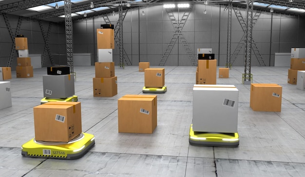 Robots autonomes déplaçant des colis dans l'illustration 3D de l'entrepôt