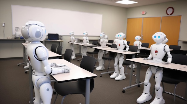 Robots en classe apprenant et étudiant le concept d'intelligence artificielle et d'armée de robots générative ai