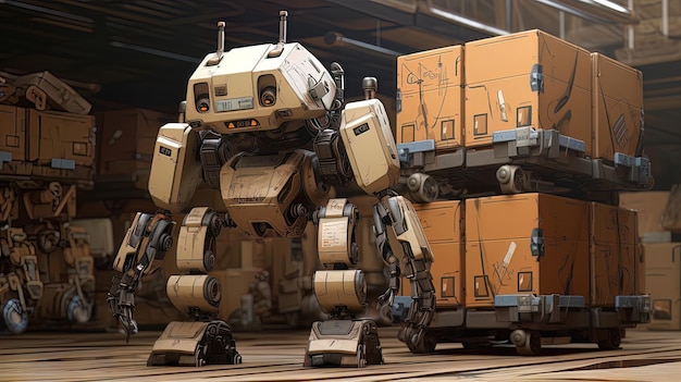 Les robots déchargent la cargaison Travail des robots dans un entrepôt avec des marchandises
