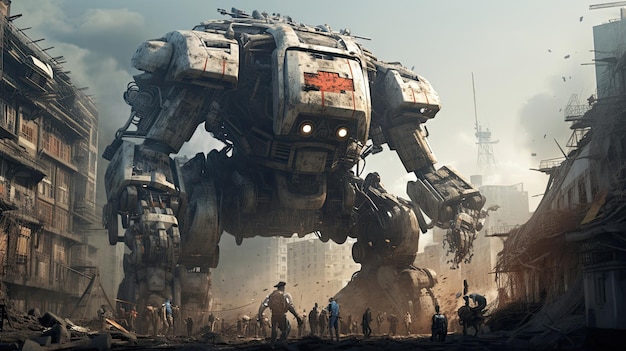 Des robots géants dans une ville post-apocalyptique