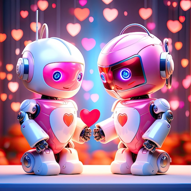 Photo les robots heureux aiment passer du temps ensemble et se comportent comme des êtres humains sur le fond de la fête de la saint-valentin