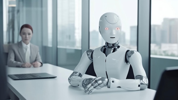 Des robots humanoïdes et des travailleurs assistent à une réunion d'affaires GENERATE AI