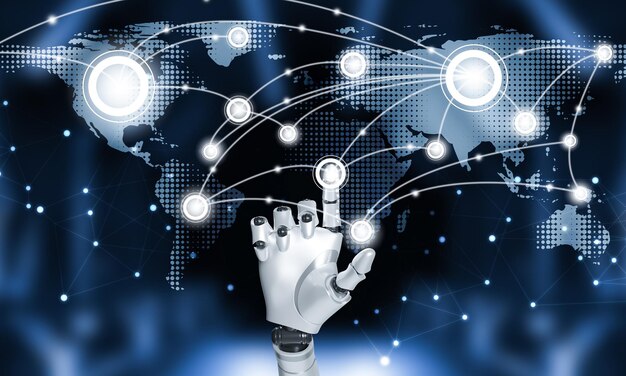 Les robots IA utilisent le système de connexions tactiles et l'échange de données global Concept de connexion au réseau d'entreprise Écran hologramme affichant le système Web moderne Concept futuriste de connexion sans fil