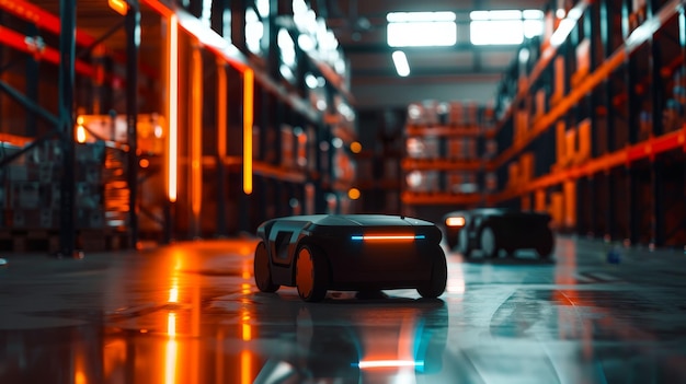 Robots de livraison avec capteurs stationnés dans un entrepôt moderne et spacieux avec des marchandises dans des étagères pour l'expédition contre un intérieur flou