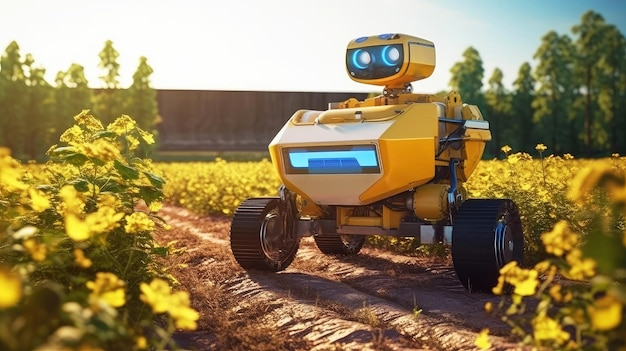Des robots pour la pulvérisation automatisée des cultures Un agribot travaillant sur le terrain La future technologie 5G Le concept d'une ferme agricole intelligente Banner Generative AI