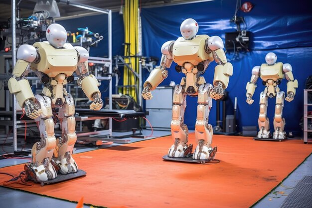 Photo des robots s'échauffent sur un tapis de gymnastique